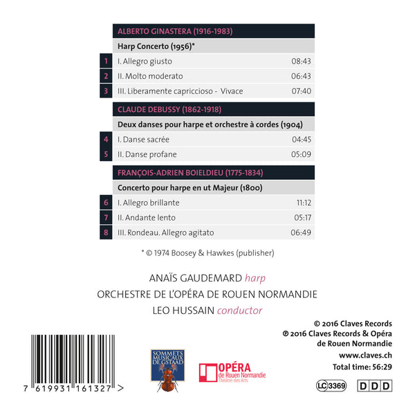 (2016) Harp Concertos, works of Ginastera, Boieldieu & Debussy - Anaïs Gaudemard & Orchestre de l’Opéra de Rouen Normandie / CD 1613 - Claves Records