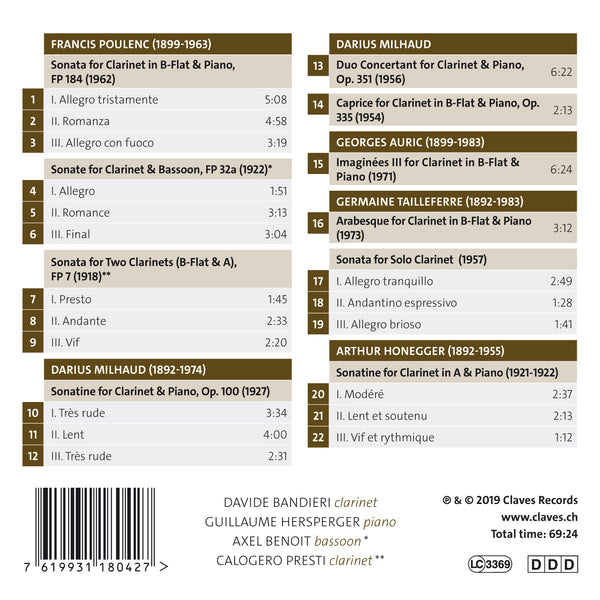 (2019) L'Esprit des Six - Davide Bandieri Clarinet, Guillaume Hersperger, piano / CD 1804 - Claves Records