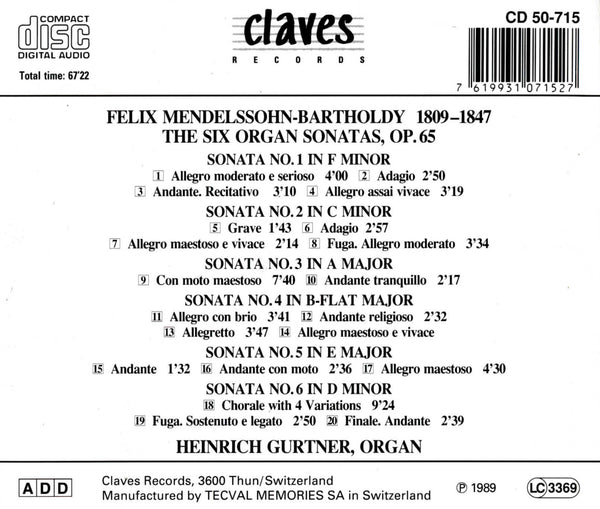 (1989) Mendelssohn: The Six Organ Sonatas Op.65 / CD 0715 - Claves Records (1989) Mendelssohn: The Six Organ Sonatas Op.65 / CD 0715 - Claves Records