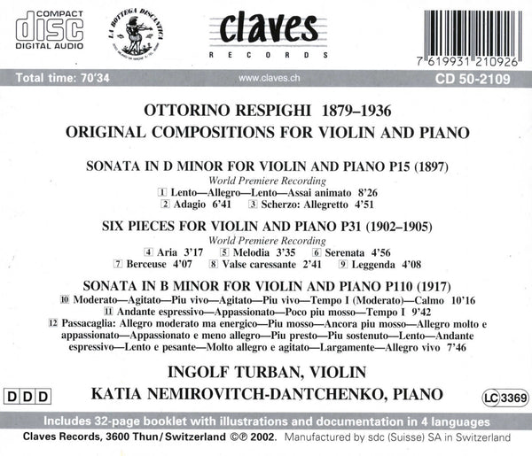 (2002) Respighi: Original Pieces for Violin & Piano / CD 2109 - Claves Records (2002) Respighi: Original Pieces for Violin & Piano / CD 2109 - Claves Records