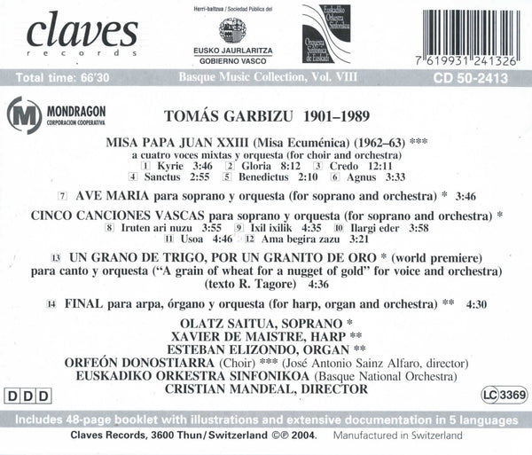 (2004) Basque Music Collection, Vol. VIII: Tomás Garbizu / CD 2413 - Claves Records (2004) Basque Music Collection, Vol. VIII: Tomás Garbizu / CD 2413 - Claves Records
