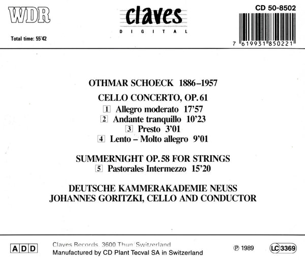 (1989) Schoeck: Cello Concerto, Op. 61 - Sommernacht, Op. 58 for Strings / CD 8502 - Claves Records (1989) Schoeck: Cello Concerto, Op. 61 - Sommernacht, Op. 58 for Strings / CD 8502 - Claves Records