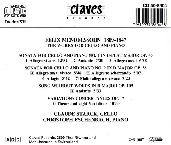 (1987) Mendelssohn: The Works for Cello & Piano / CD 8604 - Claves Records (1987) Mendelssohn: The Works for Cello & Piano / CD 8604 - Claves Records
