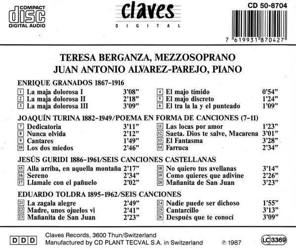 (1987) Canciones Españolas: Granados, Turina, Guridi & Toldrá / CD 8704 - Claves Records (1987) Canciones Españolas: Granados, Turina, Guridi & Toldrá / CD 8704 - Claves Records