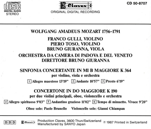 (1991) Mozart/Sinfonia Concertante/Concertone / CD 8707 - Claves Records