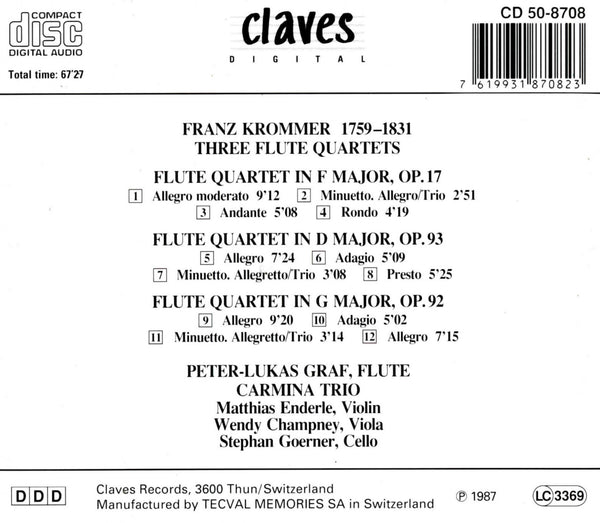 (1987) Franz Krommer: Three Flute Quartets / CD 8708 - Claves Records
