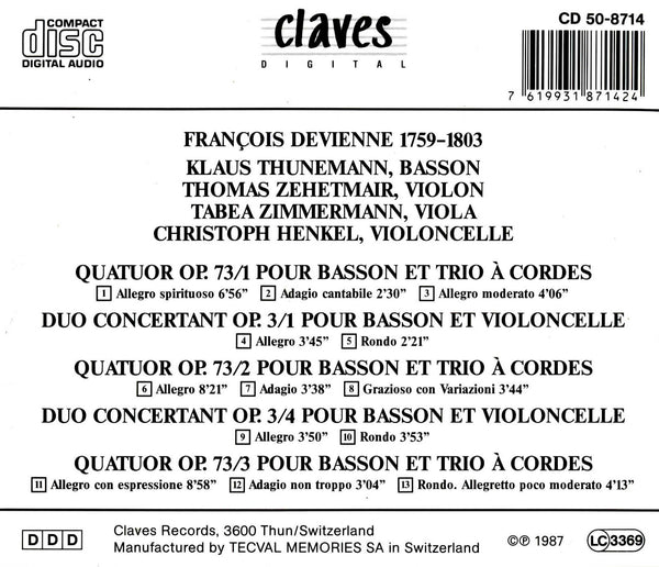 (1987) François Devienne: Drei Quartette für Fagott und Streichtrio / Zwei Duos für Fagott und Violoncello / CD 8714 - Claves Records