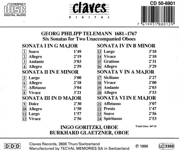 (1988) Telemann/ Six Sonatas For Two Oboes / CD 8801 - Claves Records