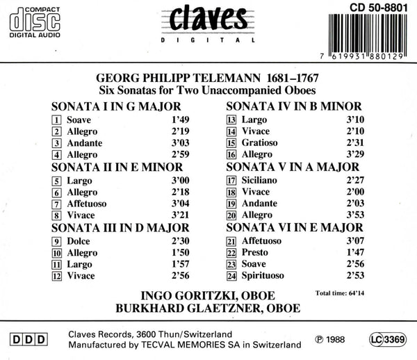 (1988) Telemann/ Six Sonatas For Two Oboes / CD 8801 - Claves Records (1988) Telemann/ Six Sonatas For Two Oboes / CD 8801 - Claves Records