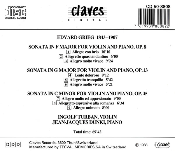 (1988) Grieg: Violin Sonatas / CD 8808 - Claves Records