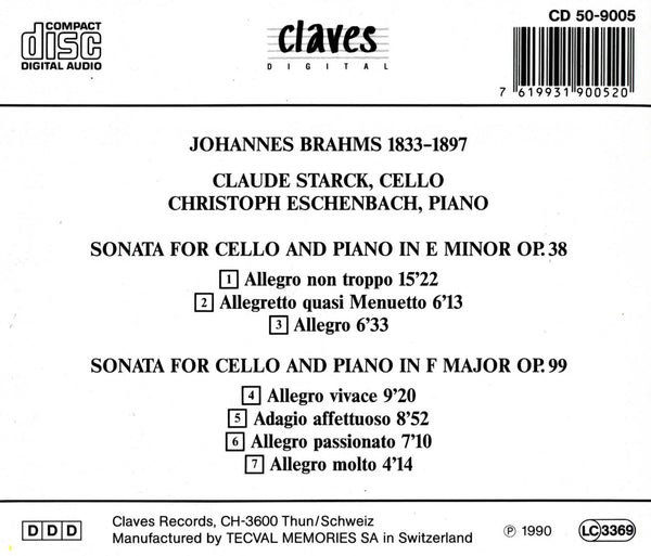 (1990) Brahms: The Sonatas for Cello & Piano Op. 38 & Op. 99 / CD 9005 - Claves Records