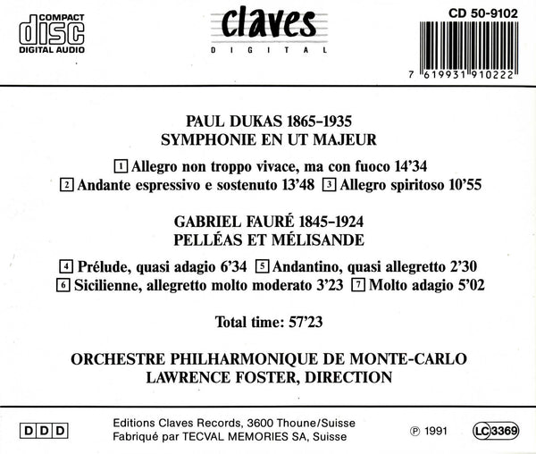 (1997) Dukas: Symphony in C Major - Fauré: Pelléas et Mélisande / CD 9102 - Claves Records