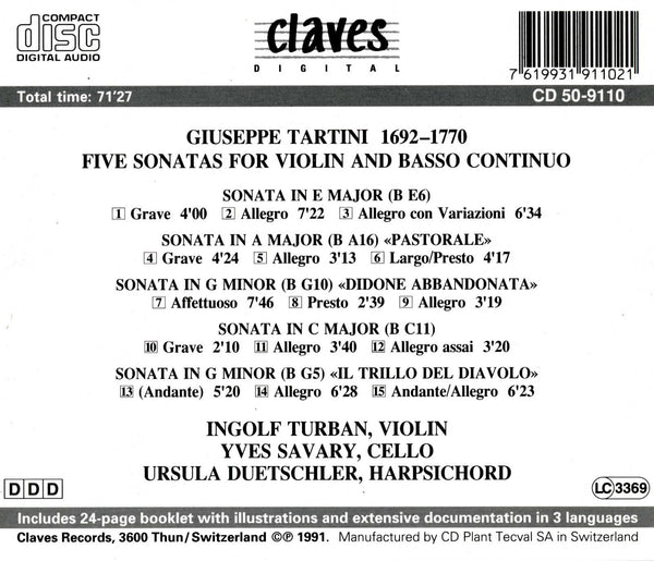 (1991) Giuseppe Tartini: Five Sonatas For Violin & Basso Continuo / CD 9110 - Claves Records (1991) Giuseppe Tartini: Five Sonatas For Violin & Basso Continuo / CD 9110 - Claves Records