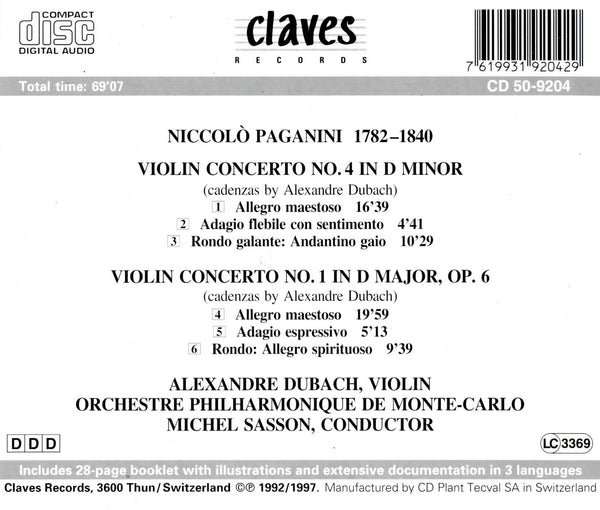 (1992) Niccolò Paganini: Violin Concertos Nos. 1, 4 / CD 9204 - Claves Records