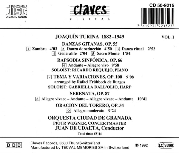 (1992) Joaquín Turina: Danzas Gitanas / Rapsodia Sinfónica / Tema Y Variaciones / Serenata Op. 87 / La Oración Del Torero / CD 9215 - Claves Records