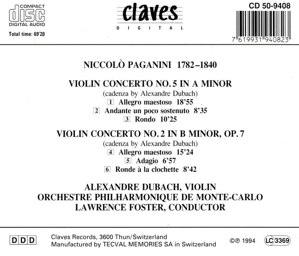 (1994) Niccolò Paganini: Violin Concertos Nos. 2 & 5 / CD 9408 - Claves Records