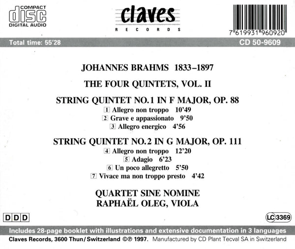 (1997) Brahms: String Quintets Op. 88 & Op. 111 / CD 9609 - Claves Records (1997) Brahms: String Quintets Op. 88 & Op. 111 / CD 9609 - Claves Records