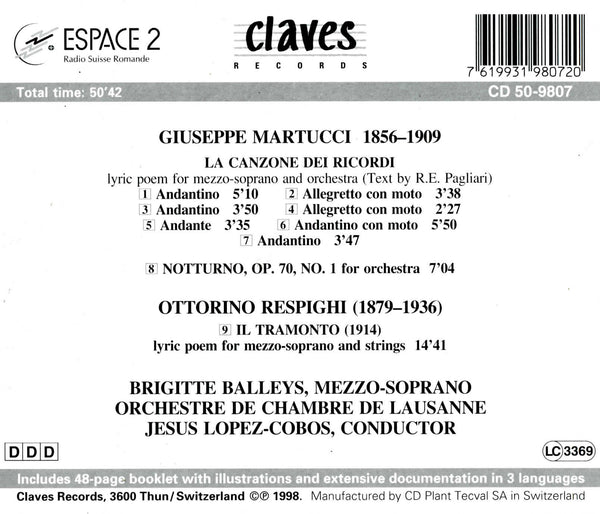 (1998) Martucci: La canzona dei ricordi - Notturno, Op. 70, No. 1 - Respighi: Il Tramonto / CD 9807 - Claves Records (1998) Martucci: La canzona dei ricordi - Notturno, Op. 70, No. 1 - Respighi: Il Tramonto / CD 9807 - Claves Records