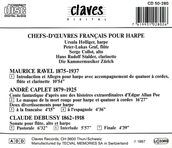 (1987) Ravel, Caplet & Debussy: Chamber Music for Harp / CD 0280 - Claves Records