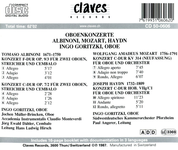 (1987) Mozart & J. Haydn: Concertos for Oboe - Albinoni: Concertos for two Oboes / CD 0606 - Claves Records