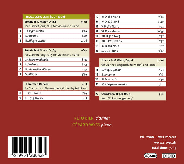 (2008) Schubert: Violon Sonatas, German Dances & Lied Transcribed for Clarinet and Piano / CD 2804 - Claves Records