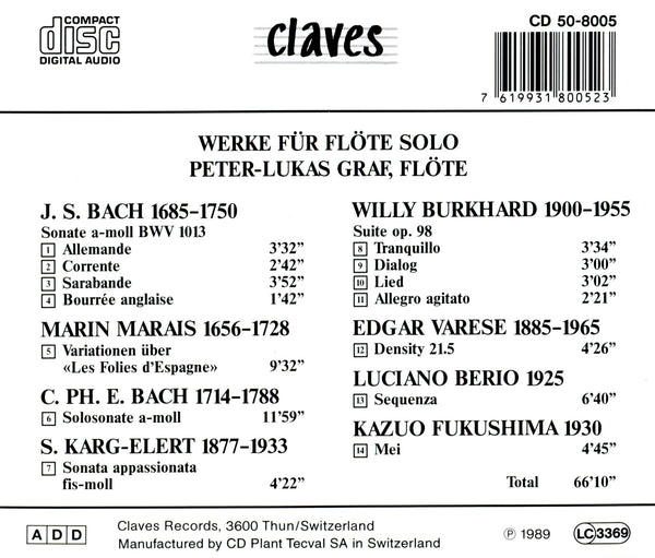 (1989) Music for Solo Flute / CD 8005 - Claves Records