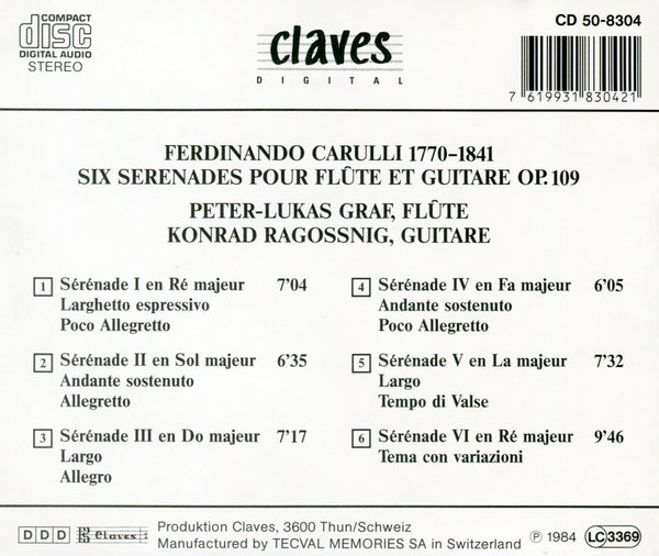 (1984) Carulli: Sérénades pour guitare & flûte Op. 109 / CD 8304 - Claves Records (1984) Carulli: Sérénades pour guitare & flûte Op. 109 / CD 8304 - Claves Records