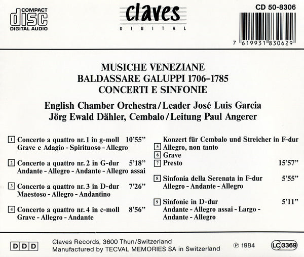 (1984) Musiche Veneziane: Baldassare Galuppi - Concerti E Sinfonie / CD 8306 - Claves Records