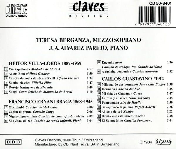 (1984) Villa-Lobos, Braga & Guastavino: Songs from South America for Mezzo Soprano & Piano / CD 8401 - Claves Records (1984) Villa-Lobos, Braga & Guastavino: Songs from South America for Mezzo Soprano & Piano / CD 8401 - Claves Records