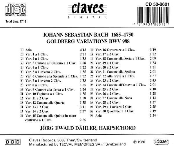 (1986) Bach: Goldberg Variations BWV 988 / CD 8601 - Claves Records