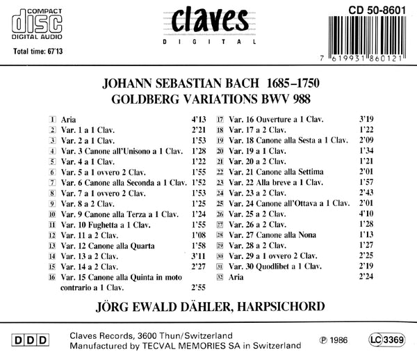 (1986) Bach: Goldberg Variations BWV 988 / CD 8601 - Claves Records (1986) Bach: Goldberg Variations BWV 988 / CD 8601 - Claves Records