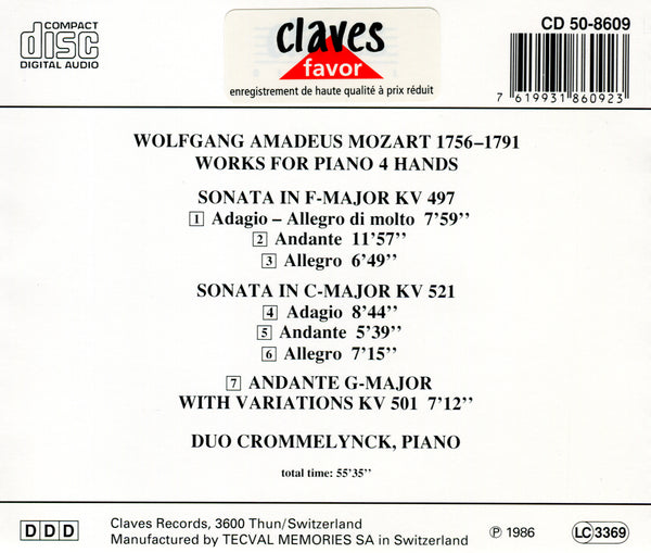 (1986) Mozart: Sonatas K. 497 & K. 521 - Andante with Variations, K. 501 for Piano 4 Hands / CLF 8609-9 - Claves Records (1986) Mozart: Sonatas K. 497 & K. 521 - Andante with Variations, K. 501 for Piano 4 Hands / CLF 8609-9 - Claves Records