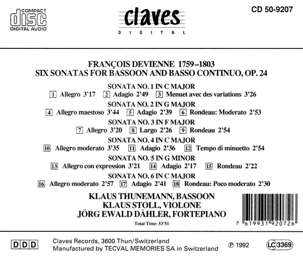 (1992) Devienne : Six Sonatas for Bassoon and Basso continuo, Op. 24 / CD 9207 - Claves Records