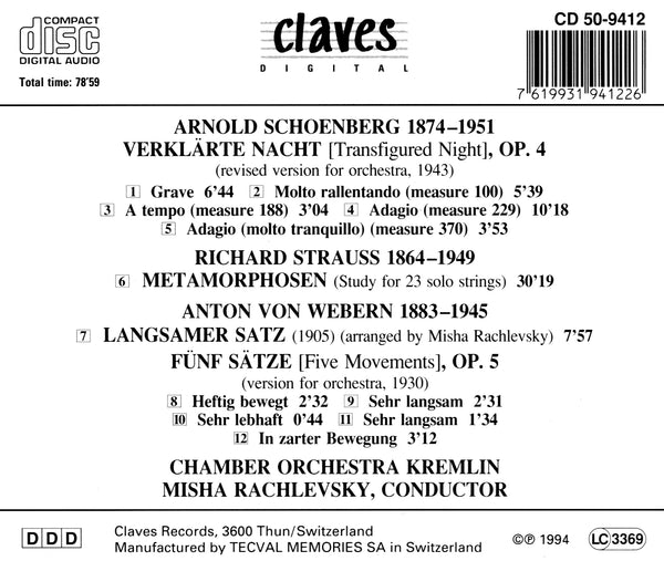 (1994) Schoenberg: Verklärte Nacht - R. Strauss: Metamorphosen - A. Webern: Fünf Sätze / CD 9412 - Claves Records