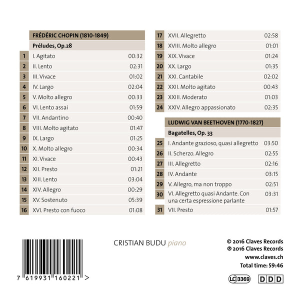 (2016) Cristian Budu, Clara Haskil Prize 2013 - Chopin & Beethoven / CD 1602 - Claves Records