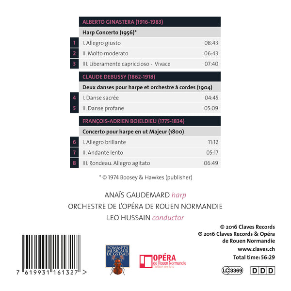(2016) Harp Concertos, works of Ginastera, Boieldieu & Debussy - Anaïs Gaudemard & Orchestre de l’Opéra de Rouen Normandie / CD 1613 - Claves Records
