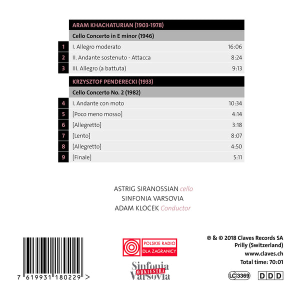 (2018) Khachaturian & Penderecki Cello Concertos - Astrig Siranossian, Cello / CD 1802 - Claves Records