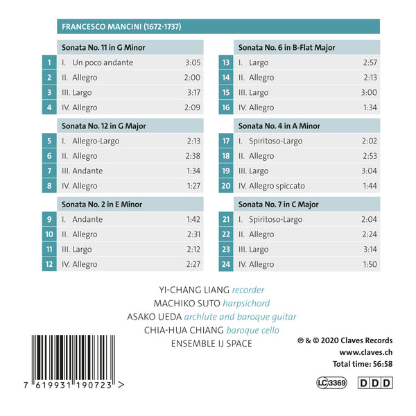 (2020) Francesco Mancini: Six Recorder Sonatas / CD 1907 - Claves Records