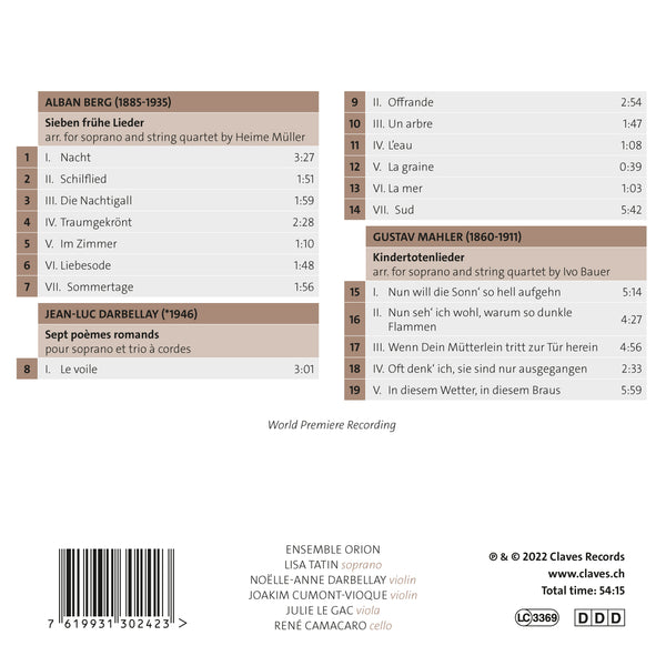 (2022) Berg Darbellay Mahler - Lieder / CD 3024 - Claves Records