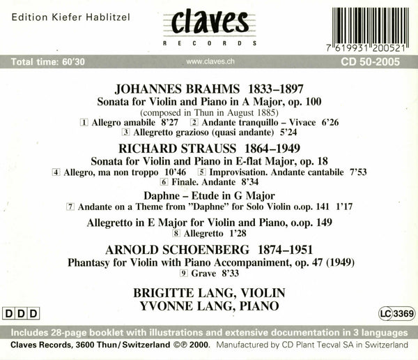 (2000) Brahms, R. Strauss & Schoenberg: Violin Sonatas / CD 2005 - Claves Records