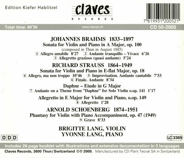 (2000) Brahms, R. Strauss & Schoenberg: Violin Sonatas / CD 2005 - Claves Records