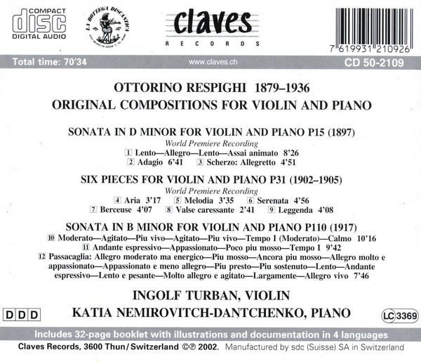 (2002) Respighi: Original Pieces for Violin & Piano / CD 2109 - Claves Records
