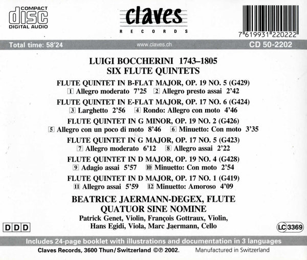 (2002) Boccherini: Six Flute Quintets / CD 2202 - Claves Records