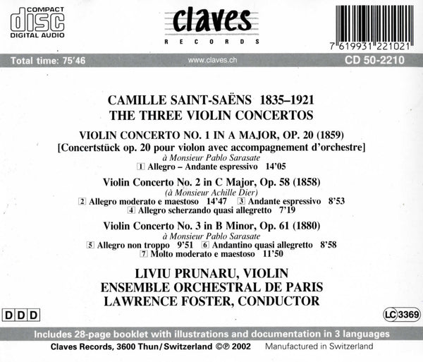 (2002) Saint-Saëns: The Three Violin Concertos / CD 2210 - Claves Records
