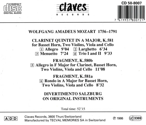 (1986) Mozart: Clarinet Quintet / CD 8007 - Claves Records