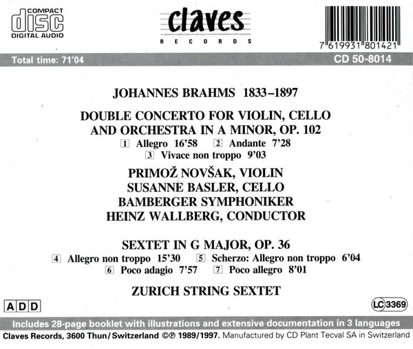 (1989) Brahms: Double Concerto, Op. 102 - Sextet, Op. 36 / CD 8014 - Claves Records