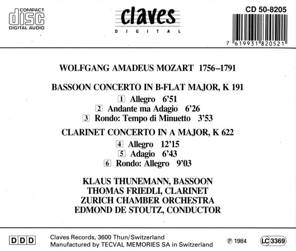 (1984) Mozart: Bassoon & Clarinet Concertos / CD 8205 - Claves Records