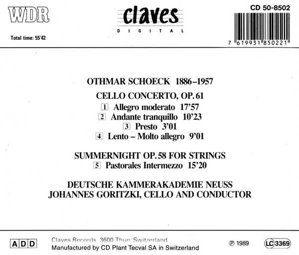 (1989) Schoeck: Cello Concerto, Op. 61 - Sommernacht, Op. 58 for Strings / CD 8502 - Claves Records