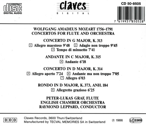 (1986) Mozart: Flute Concertos & Pieces / CD 8505 - Claves Records