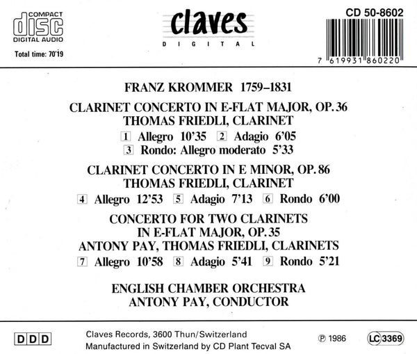 (1986) Krommer: Clarinet Concertos / CD 8602 - Claves Records
